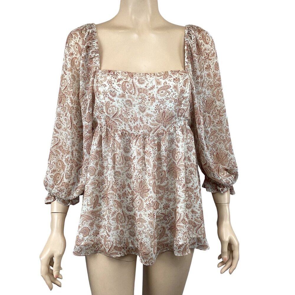 Storia Size Large Boho Paisley Print Square Neck Long Sleeve Blouse‎ Top
